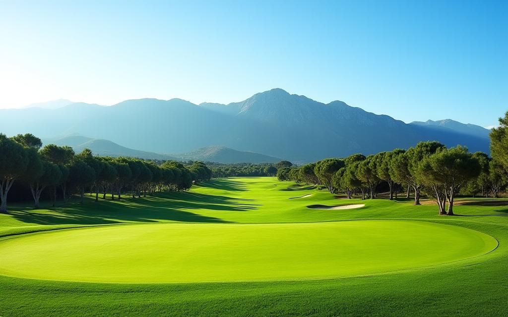 Green del Versilia Golf Club con le Alpi Apuane sullo sfondo.
